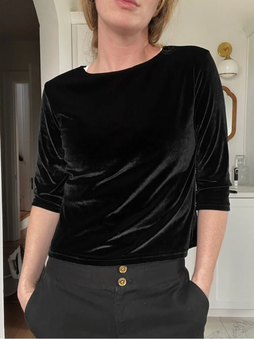 Vintage Y2K Black Velvet 3/4 Sleeve Women's Top - Picture 4 of 5
